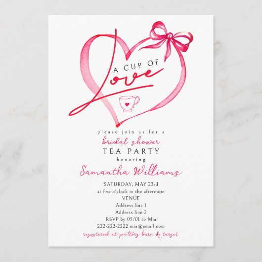 Invitation Cup of Love Unique Script Tea Coffee Bridal Shower (Devant)