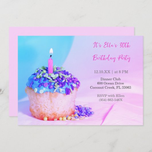 Invitation Cupcake bleu rose coloré 30e anniversaire (Devant / Derrière)