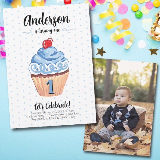 Invitation Cupcake Blue Boy Photo 1ère fête d'anniversaire