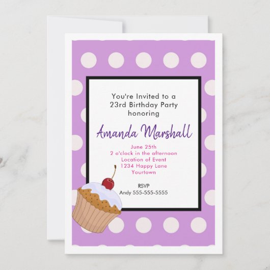 Invitation Cupcake d'anniversaire sur un Motif à points Polka (Devant)
