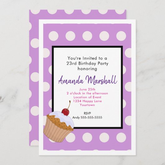 Invitation Cupcake d'anniversaire sur un Motif à points Polka (Devant / Derrière)