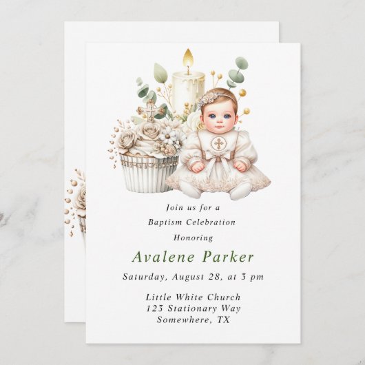 Invitation Cupcake de Croix Blanche avec Baptême de Fille (Devant / Derrière)