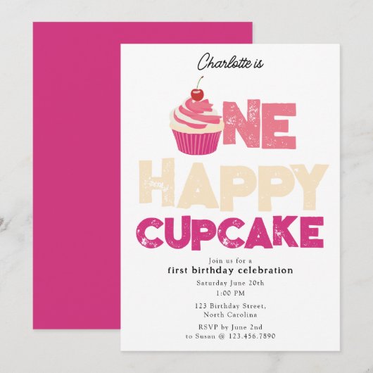 Invitation Cupcake Joyeux 1er Premier Anniversaire (Devant / Derrière)