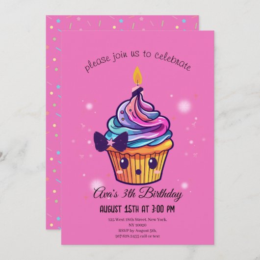 Invitation cupcake kawaii (Devant / Derrière)