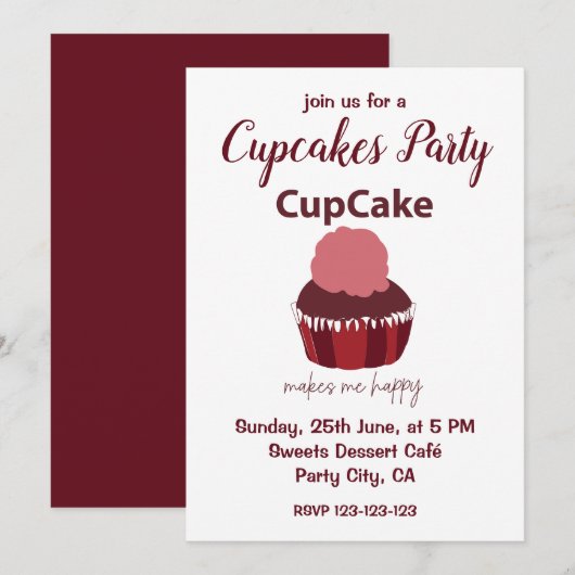 Invitation Cupcake me rend heureuse Fête de Cupcake (Devant / Derrière)