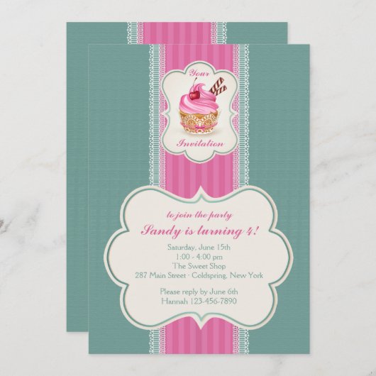 Invitation Cupcake Rose (Devant / Derrière)