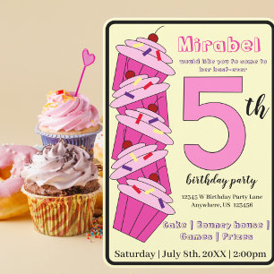Invitation Cupcake rose 5e anniversaire de fête enfants
