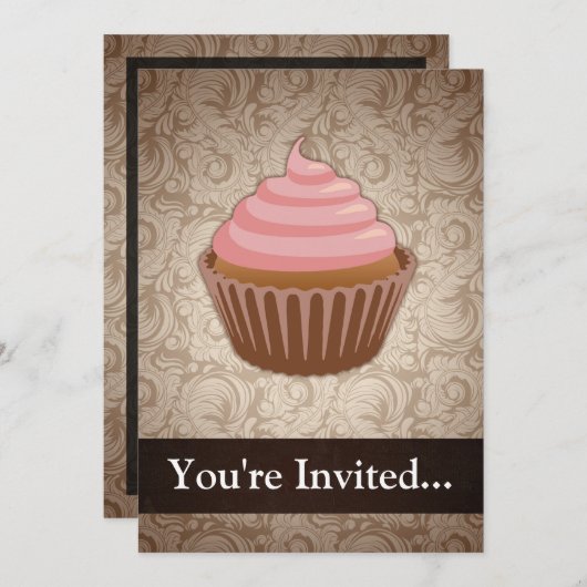 Invitation Cupcake rose/Brown (Devant / Derrière)
