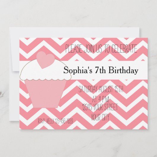 Invitation Cupcake rose et Chevron Anniversaire (Devant)
