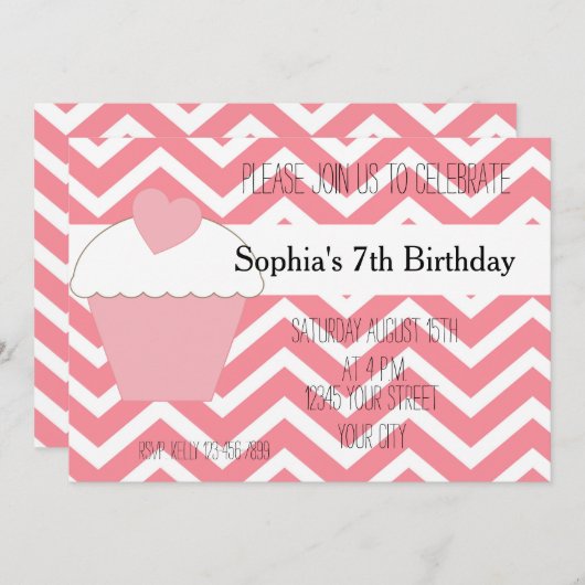 Invitation Cupcake rose et Chevron Anniversaire (Devant / Derrière)