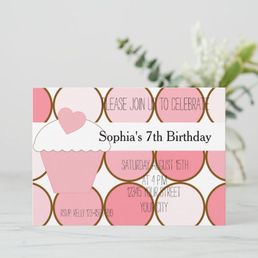 Invitation Cupcake rose et points Anniversaire (Debout devant)
