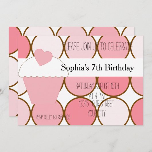 Invitation Cupcake rose et points Anniversaire (Devant / Derrière)
