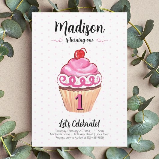 Invitation Cupcake Rose Girl Photo 1er anniversaire