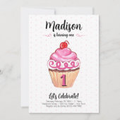 Invitation Cupcake Rose Girl Photo 1er anniversaire (Devant)