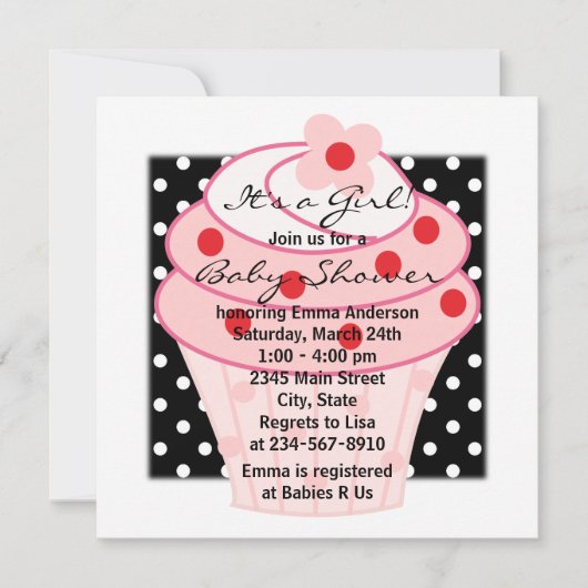 Invitation Cupcake rose Noir Polka Baby shower (Devant)