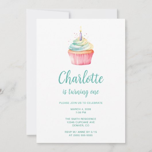 Invitation Cupcake turquoise et rose 1er anniversaire (Devant)