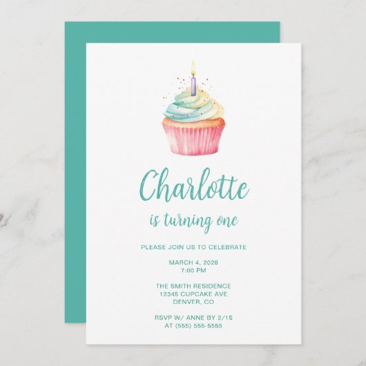 Invitation Cupcake turquoise et rose 1er anniversaire (Devant / Derrière)
