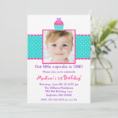 Invitation Cupcake Turquoise rose 1er anniversaire photo de f (Debout devant)