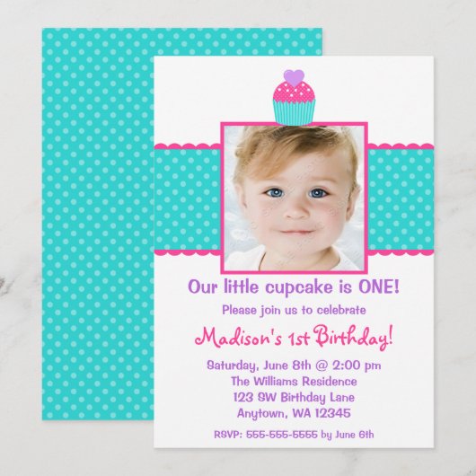 Invitation Cupcake Turquoise rose 1er anniversaire photo de f (Devant / Derrière)