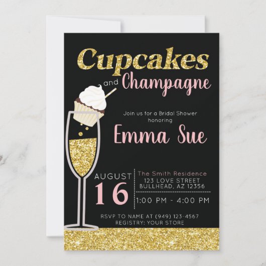 Invitation Cupcakes & Champagne Black & Gold Brive (Devant)