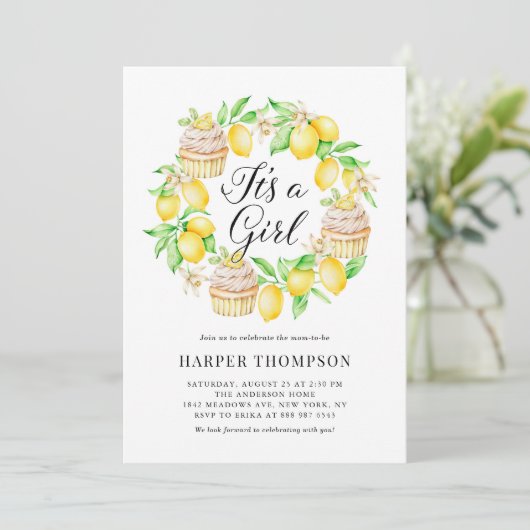 Invitation Cupcakes citron Wreath C'est un Baby shower fille (Debout devant)