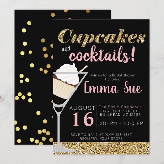 Invitation Cupcakes & Cocktails Black & Gold Bridal shower (Devant / Derrière)