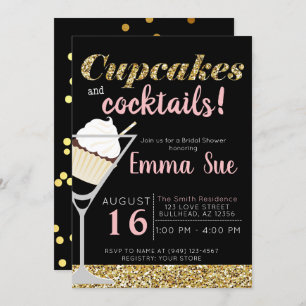 Invitation Cupcakes & Cocktails Black & Gold Bridal shower