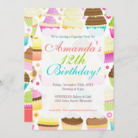 Invitation Cupcakes colorés (Devant / Derrière)