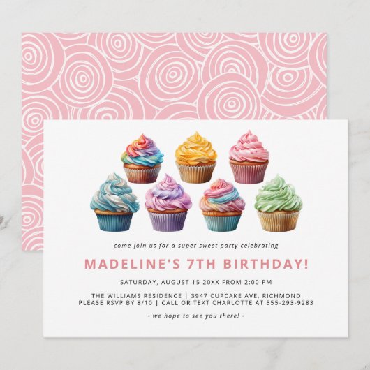 Invitation Cupcakes colorés | Jolie Fête d'Anniversaire pour (Devant / Derrière)