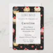 Invitation Cupcakes Noir Blanc Or Cerise sur le Top Anniversa (Devant)