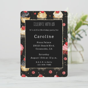 Invitation Cupcakes Noir Or Cerise sur le Top Anniversaire