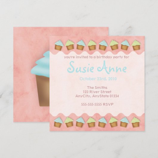 Invitation Cupcakes Pink Cute (Devant / Derrière)