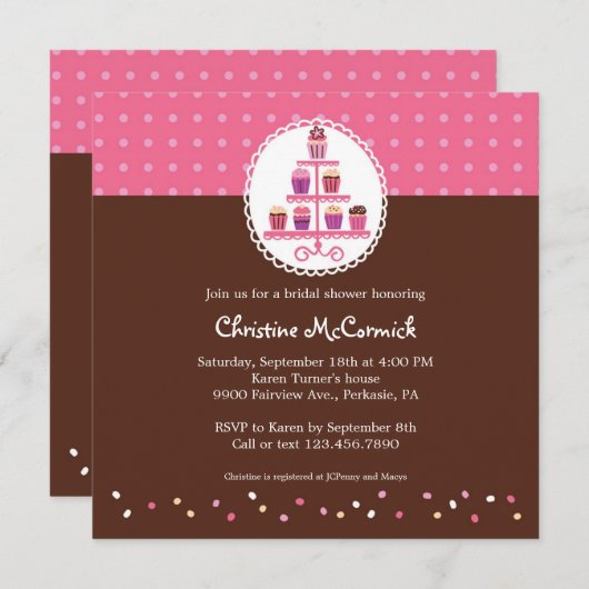 Invitation Cupcakes sur pied (rose / Brown) (Devant / Derrière)