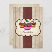 Invitation cupcakes vintages, fête d'anniversaire au chocolat (Devant / Derrière)