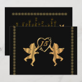 Invitation Cupides Quinceanera pour 15e anniversaire en noir (Devant / Derrière)