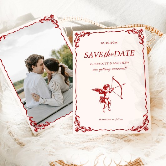 Invitation Cupidon's Arrow Red Vintage Wedding Enregistrer la