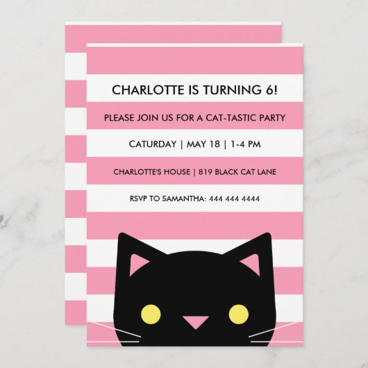 Invitation Curieux chat noir | Rayures | Fête d'anniversaire (Devant / Derrière)