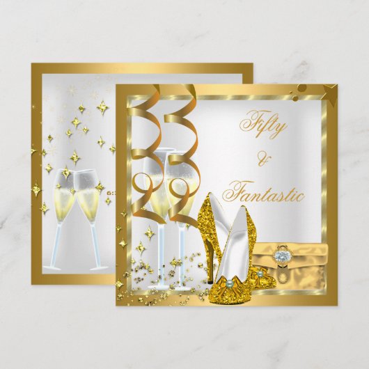 Invitation Curly 50 & Fantastic White Gold Birthday Party (Devant / Derrière)