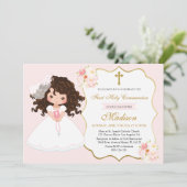 Invitation Curly haired Girl First Communion Soft Pink (Debout devant)