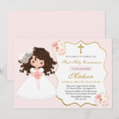 Invitation Curly haired Girl First Communion Soft Pink (Devant / Derrière)