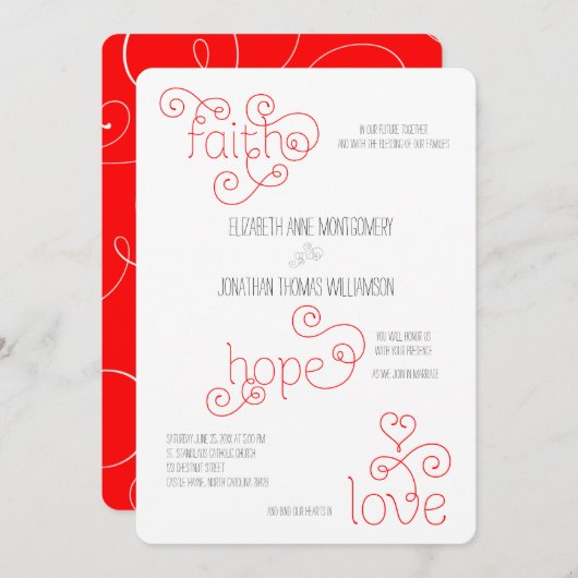 Invitation Curly Red Script Faith Hope Love Mariage (Devant / Derrière)