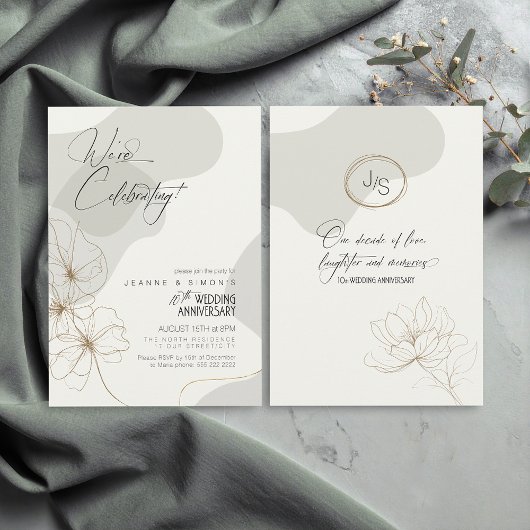 Invitation Cursive Floral 10e Anniversaire Neutres ID1168