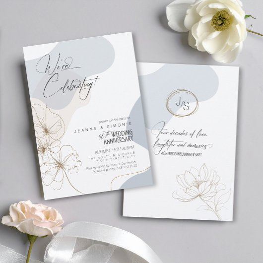 Invitation Cursive Floral 40e Anniversaire Dusty Blue ID1168