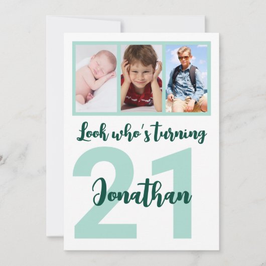 Invitation Custom 21st Birthday Green Script Photo Collage (Devant)