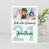 Invitation Custom 21st Birthday Green Script Photo Collage (Debout devant)
