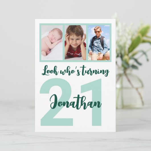 Invitation Custom 21st Birthday Green Script Photo Collage (Debout devant)