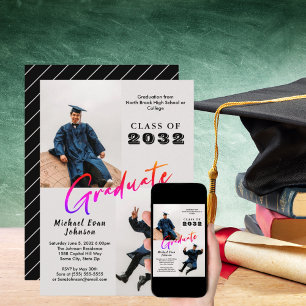 Invitation Custom 2 Photo Black Striped Graduate Class 20XX