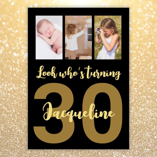 Invitation Custom 30th Birthday Gold Modern Photo Collage