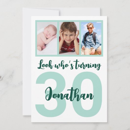 Invitation Custom 30th Birthday Green Script Photo Collage (Devant)
