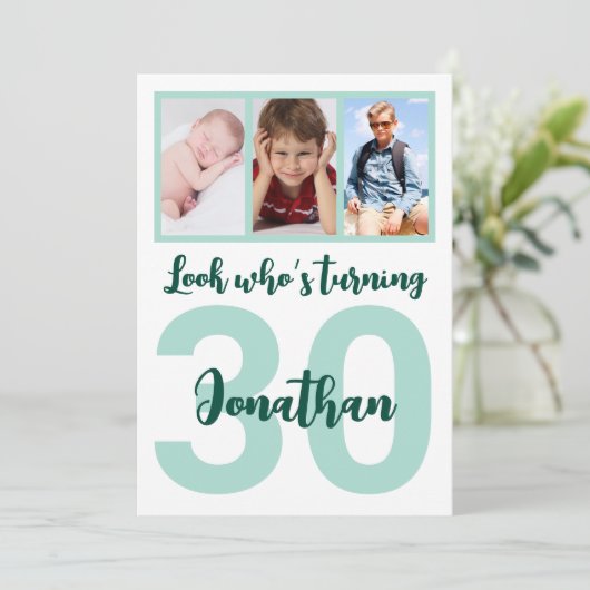 Invitation Custom 30th Birthday Green Script Photo Collage (Debout devant)